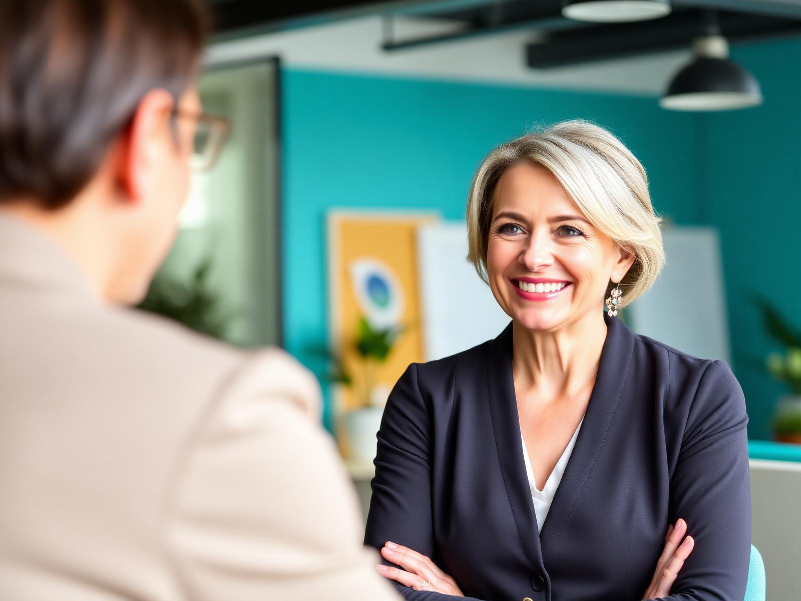 A leader in conversation with a team member